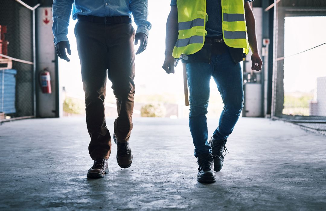 Facility representative and technician walking through a commercial property during service inspection