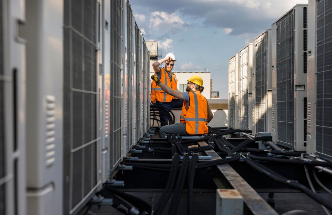 Technicians servicing a row of rooftop commercial HVAC units during repair work